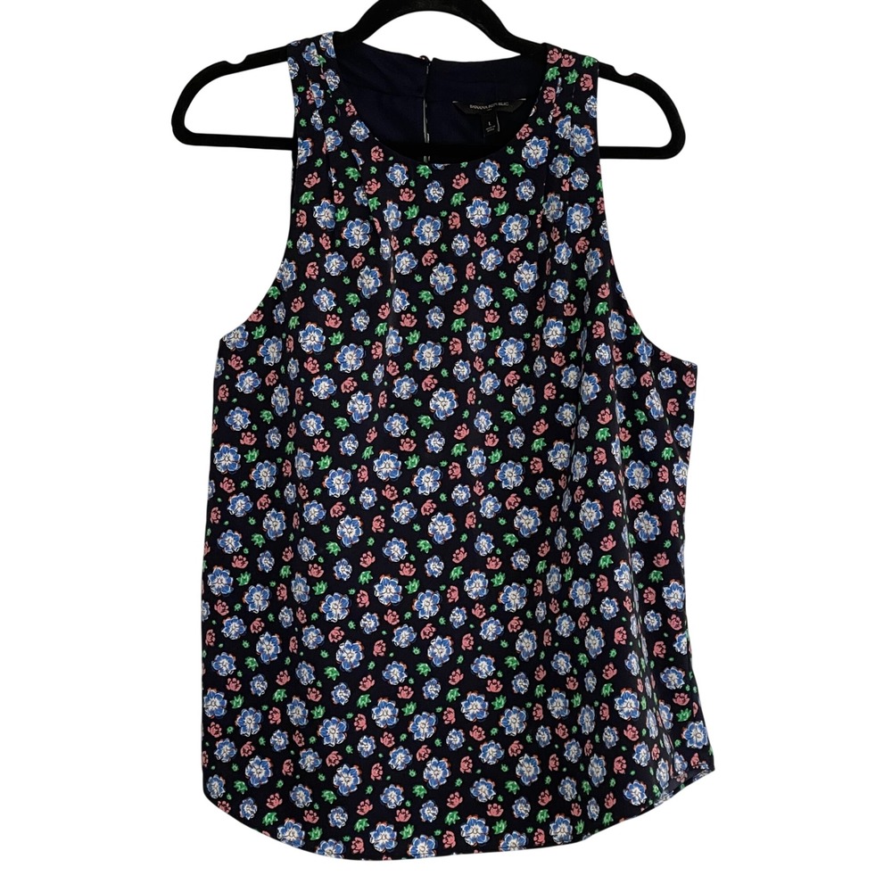 Banana Republic Navy Blue Floral Sleeveless High Neck Blouse Shell Large
